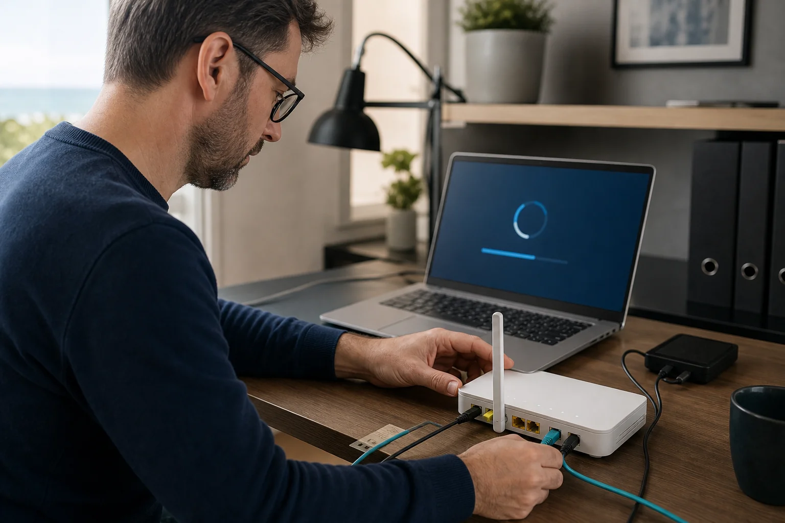 Technicien diagnostiquant une box Internet et un ordinateur en cours de mise à jour