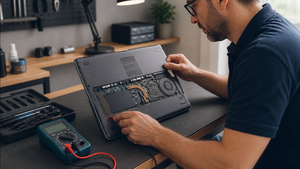 Technicien contrôlant l’alimentation et les composants internes d’un ordinateur portable