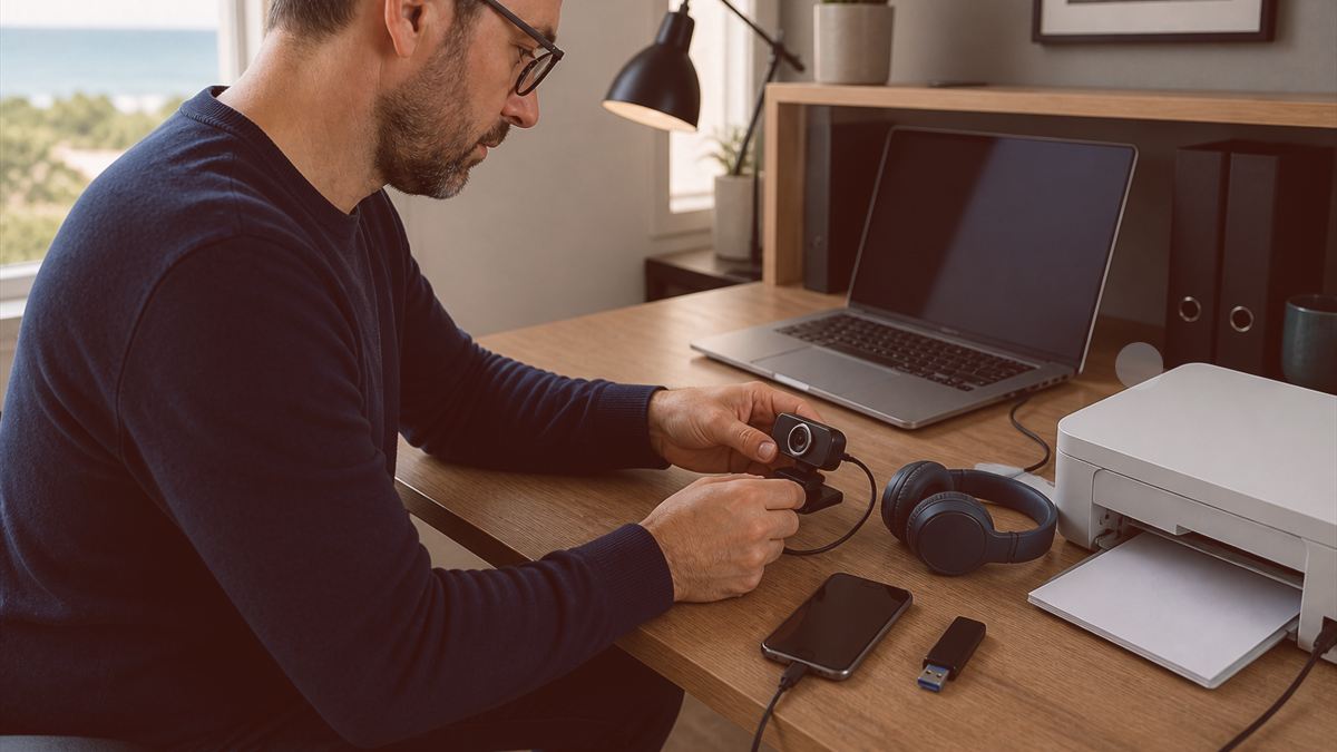 Technicien vérifiant une clé USB près d’un ordinateur portable