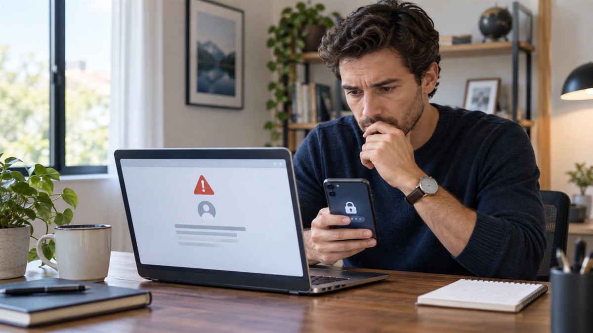 Utilisateur contrôlant une alerte de connexion sur son ordinateur et son téléphone