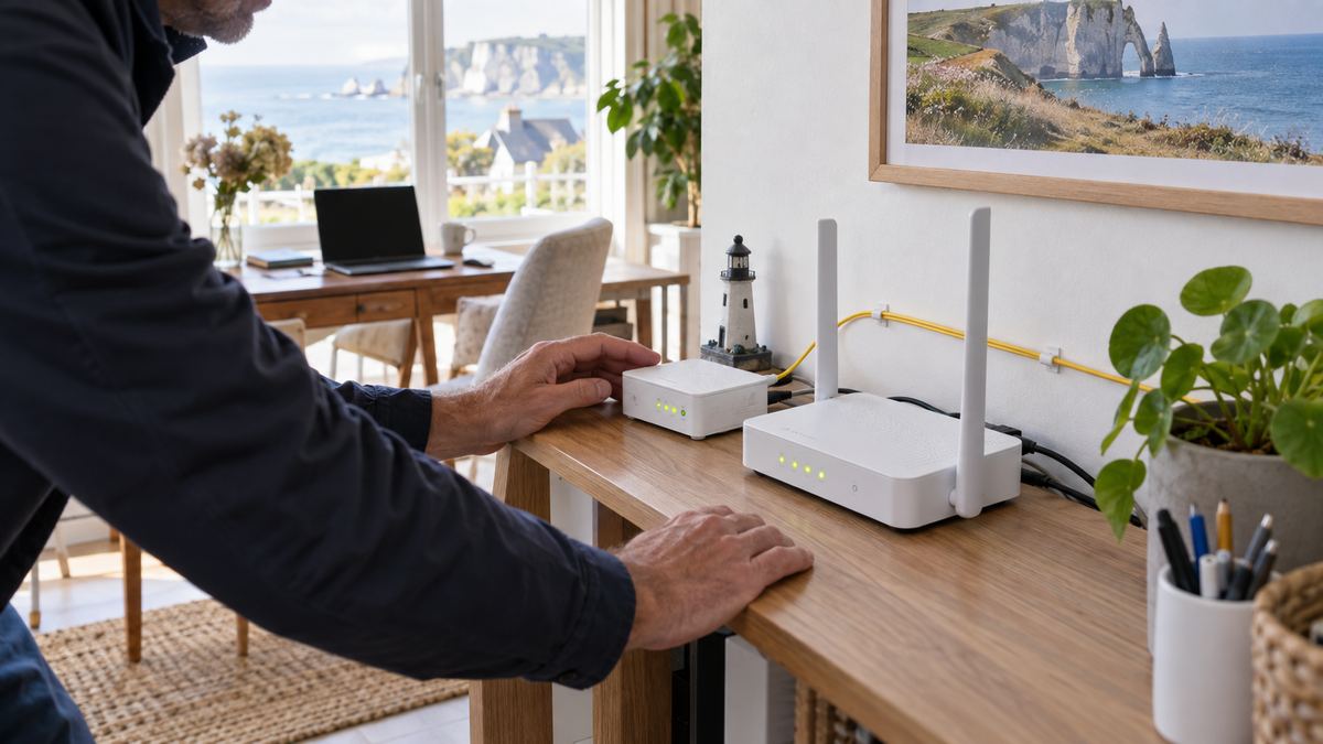 Contrôle visuel d’un boîtier fibre et d’une box Internet dans un bureau