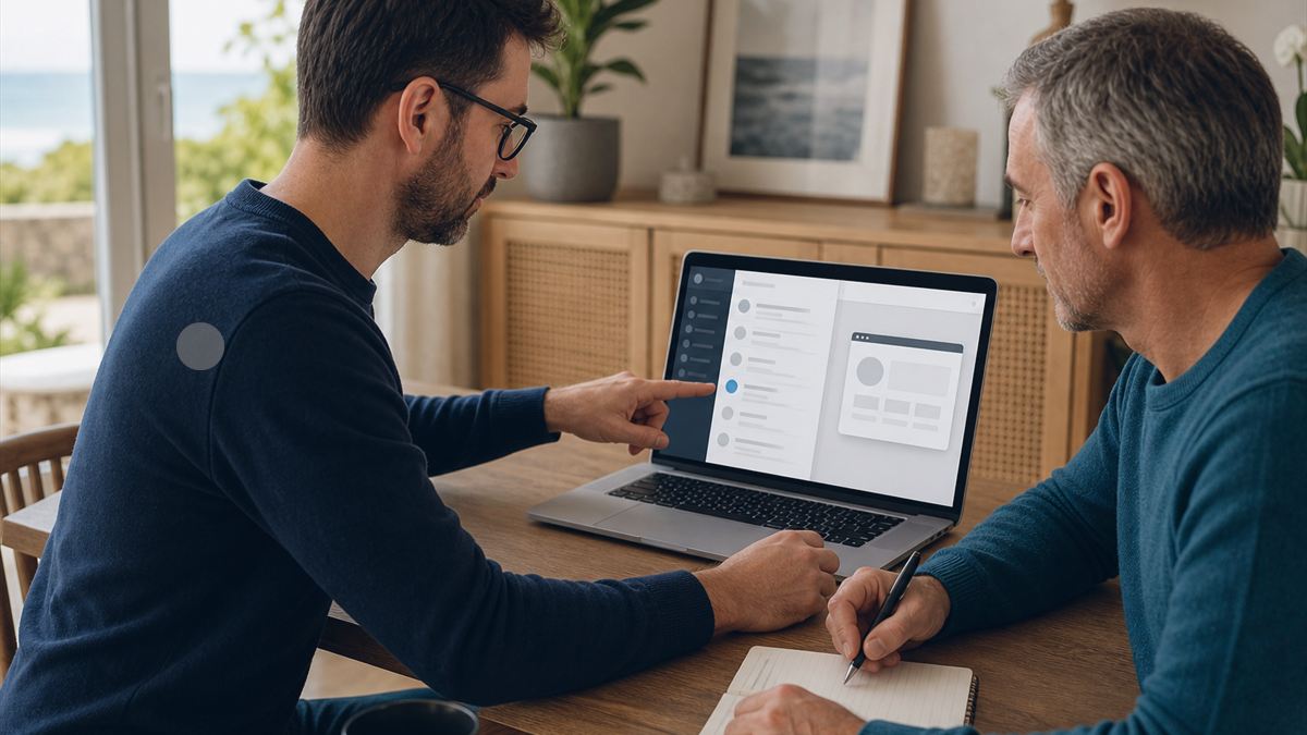 Technicien aidant un utilisateur à ouvrir un document PDF sur ordinateur