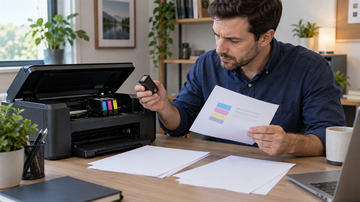 Technicien comparant une page de test aux feuilles blanches sorties d’une imprimante