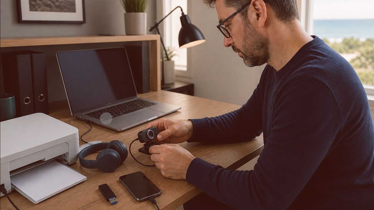 Technicien vérifiant les connexions d’une imprimante après un changement de box