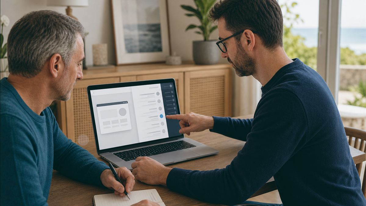 Technicien accompagnant un utilisateur devant un logiciel ouvert sur un ordinateur portable