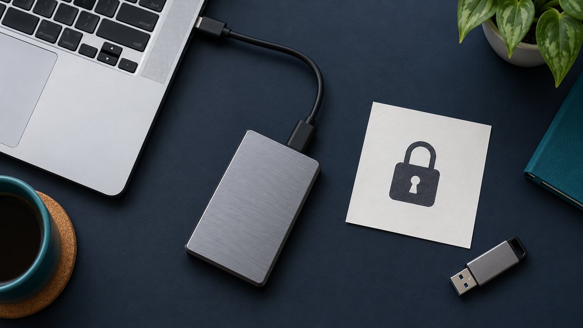 Illustration photographique générée par IA d’un SSD externe près d’un ordinateur et d’un symbole de verrouillage