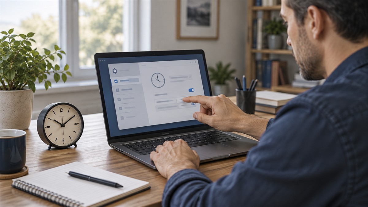 Technicien comparant l’horloge d’un ordinateur portable à une pendule de bureau