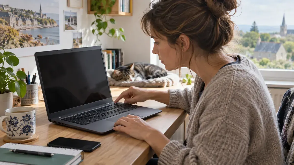 Personne vérifiant un ordinateur portable dont l’écran reste noir après la veille