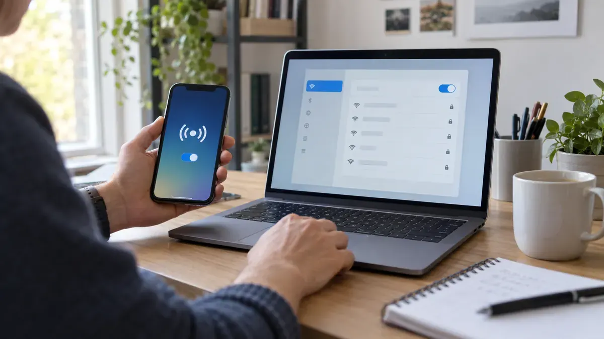Personne comparant les réglages de partage de connexion d’un téléphone et d’un ordinateur portable