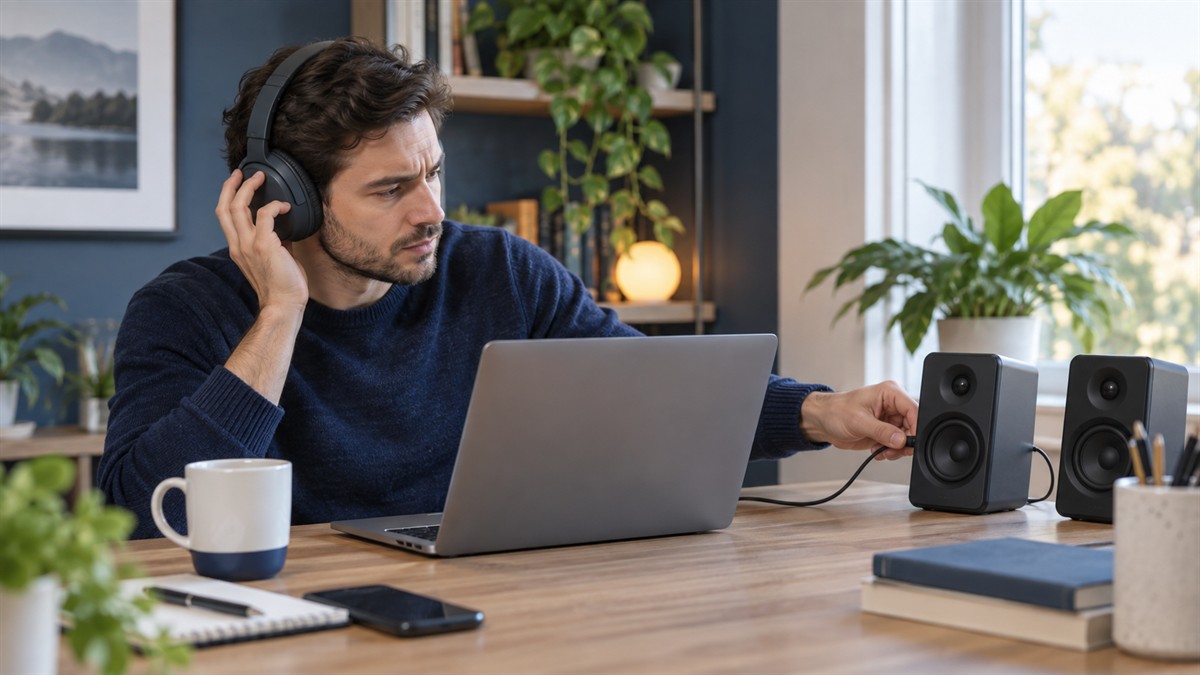 Utilisateur testant le son de son ordinateur avec un casque et des enceintes