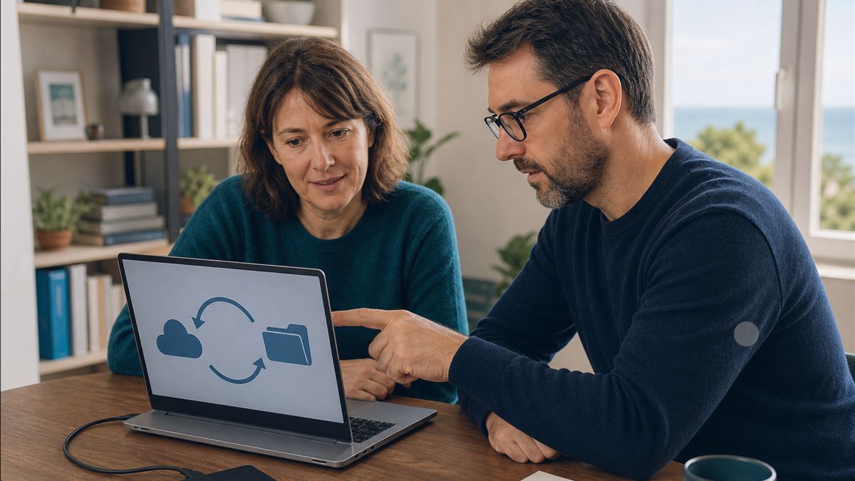 Utilisatrice et technicien vérifiant la synchronisation de photos sur ordinateur