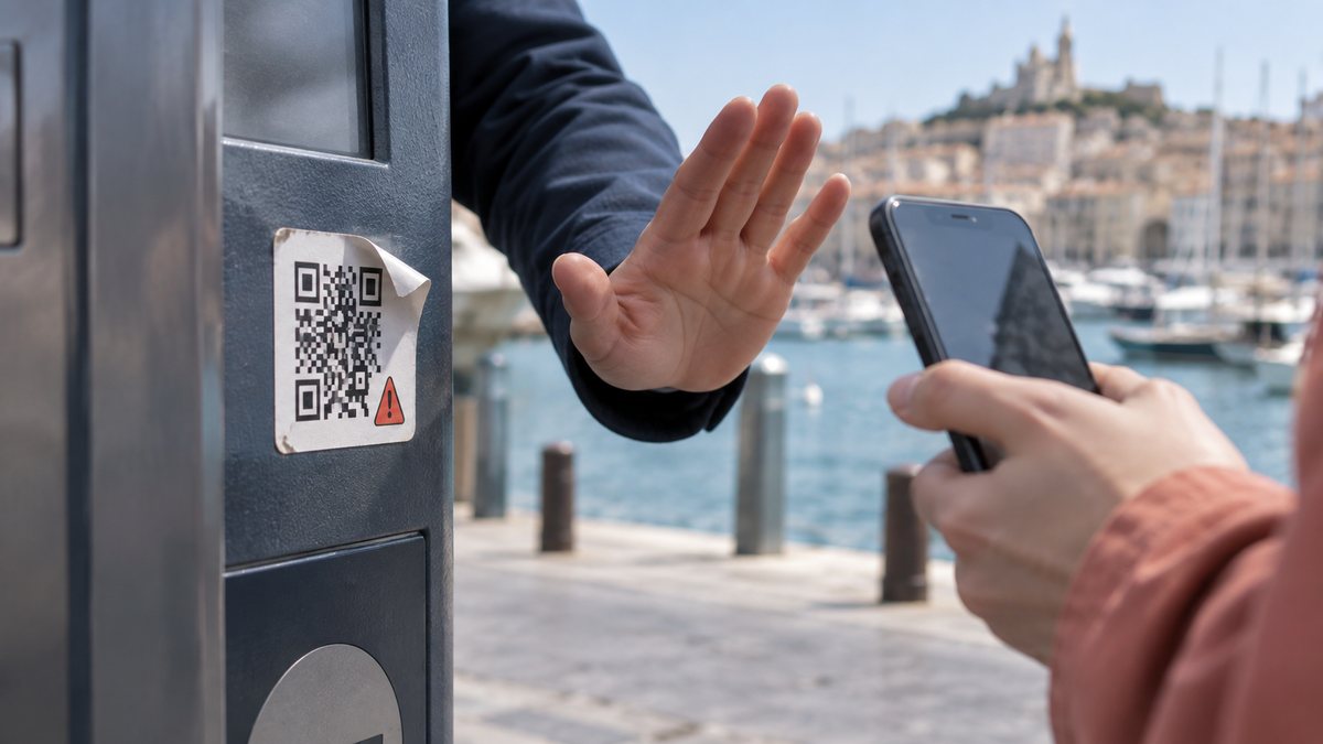 Personne interrompant le scan d’un QR code suspect collé sur un équipement public