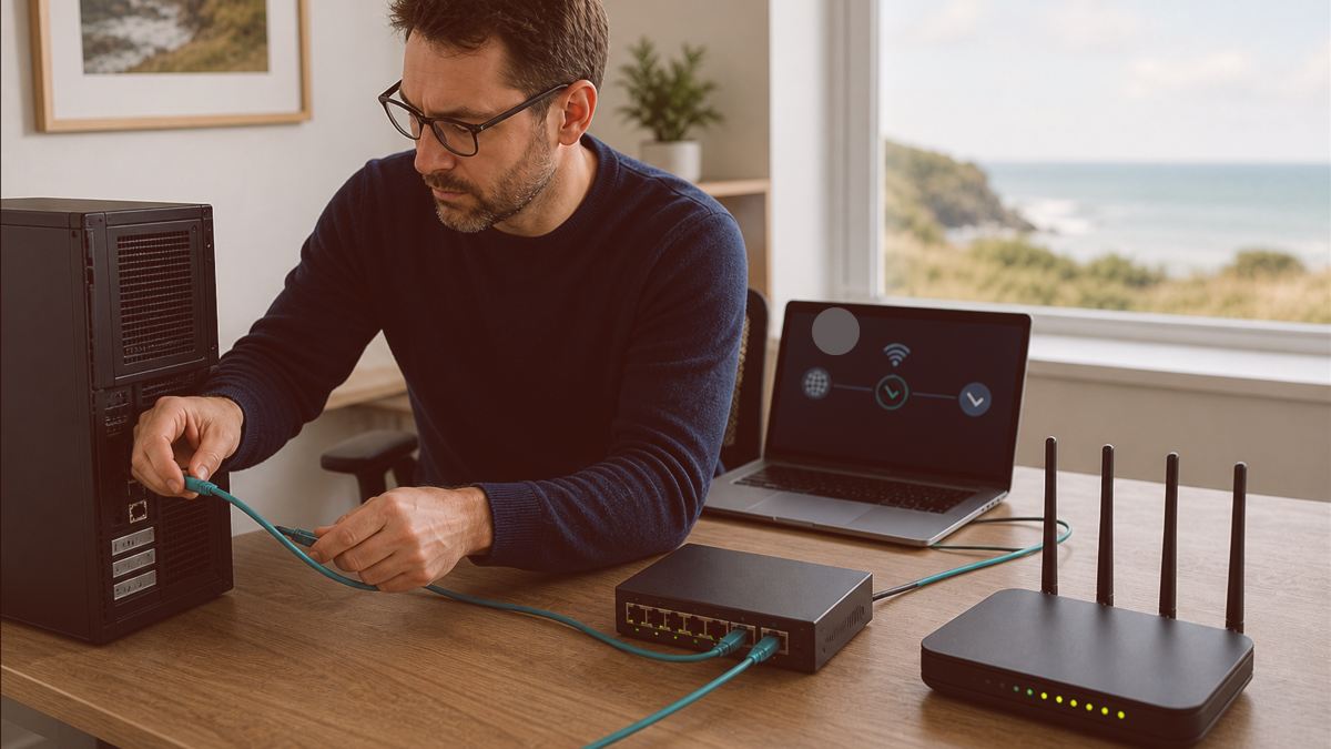 Technicien installant un routeur Wi-Fi sur un bureau