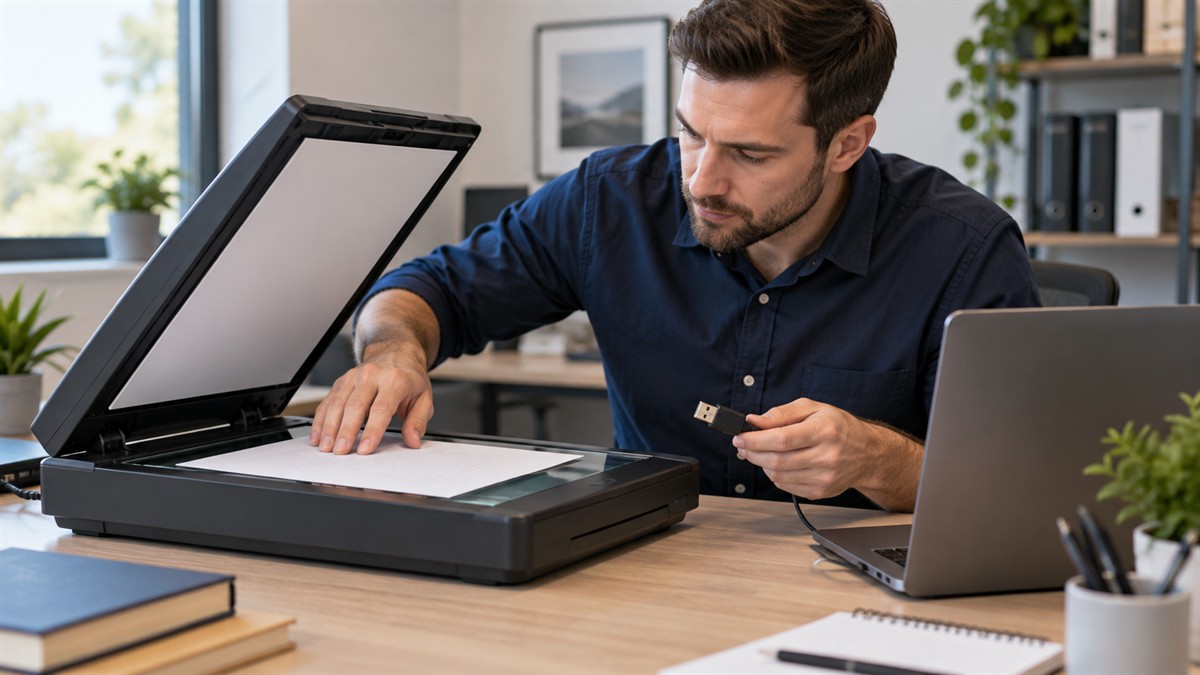 Technicien vérifiant un document et la connexion d’un scanner à plat