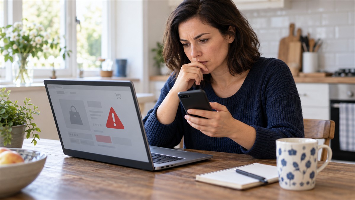 Utilisatrice examinant prudemment une alerte sur un site web avant de poursuivre