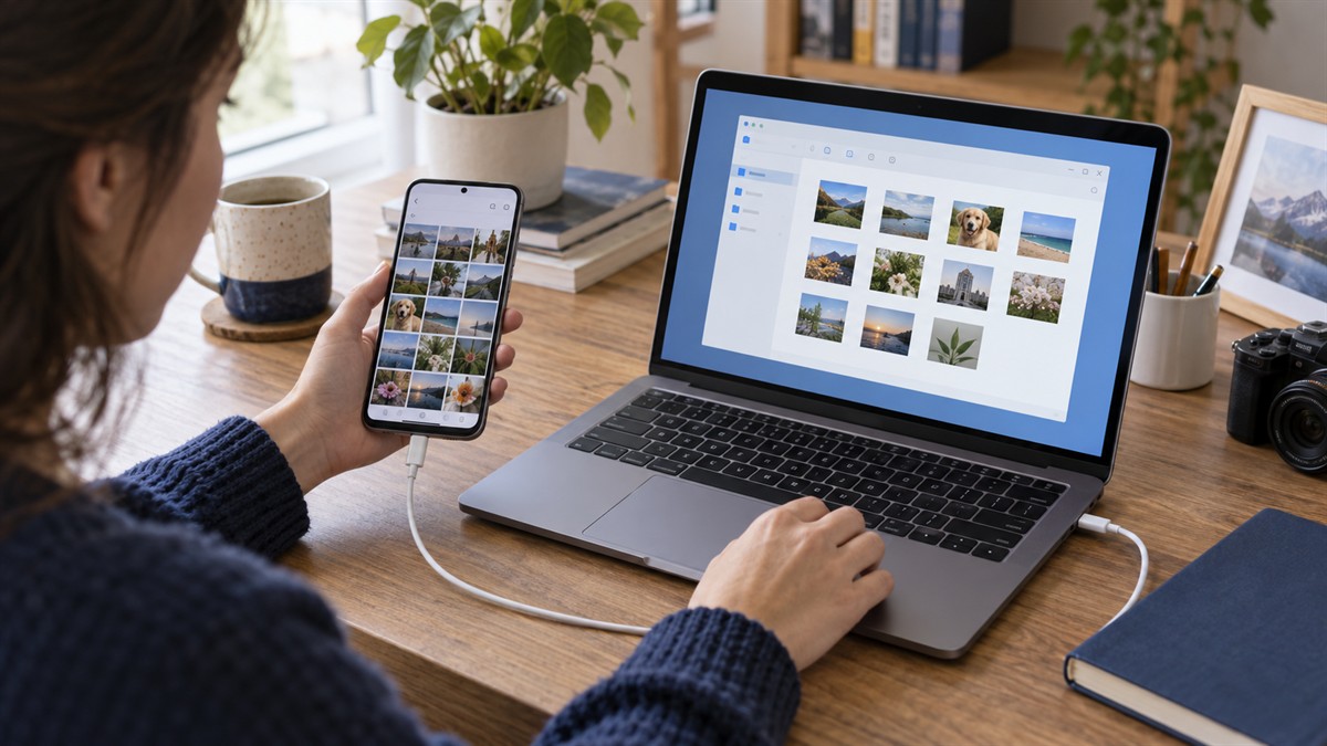 Utilisatrice reliant son téléphone à un ordinateur pour transférer des photos