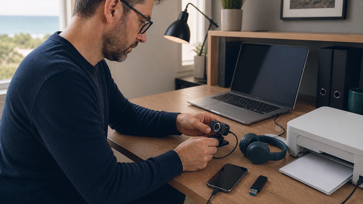 Technicien vérifiant les accessoires audio et vidéo d’un poste de visioconférence