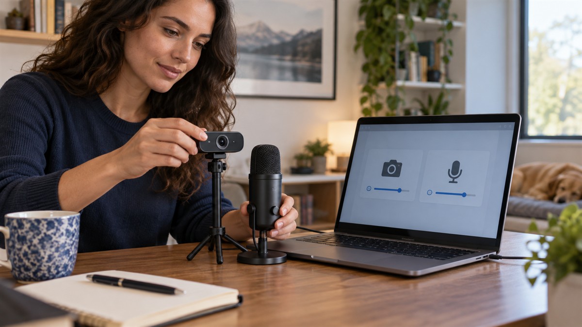 Utilisatrice testant une webcam et un microphone avant une visioconférence