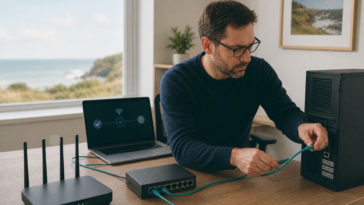 Technicien contrôlant un routeur et la configuration d’un réseau Wi-Fi invité