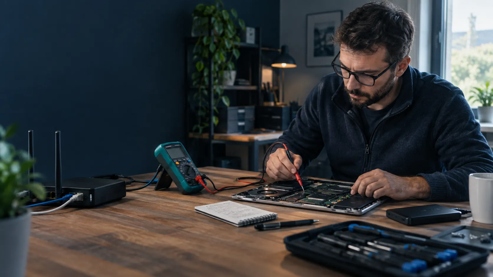 Technicien réalisant un diagnostic méthodique sur un ordinateur portable avant intervention