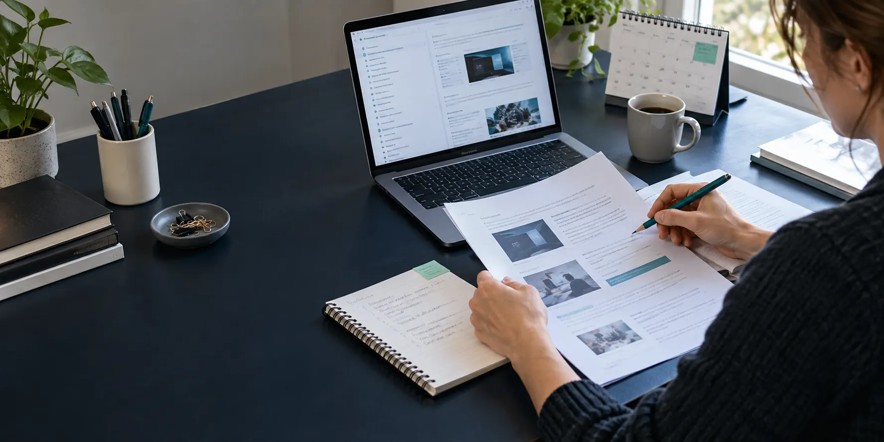 Rédactrice vérifiant un guide informatique à partir de notes et de documentation