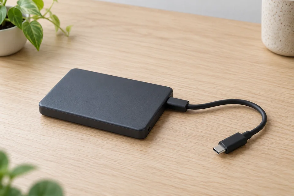 Illustration d’un support de stockage externe sans marque et de son câble USB-C