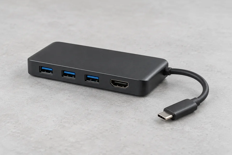 Illustration d’un hub noir avec ports USB et HDMI et câble USB-C sur fond clair