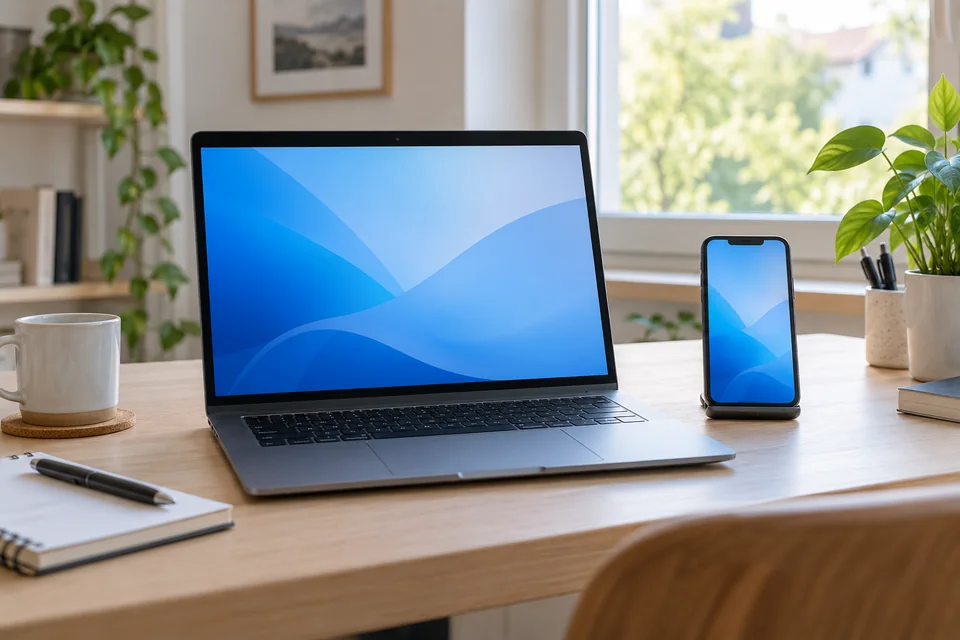 Ordinateur portable ouvert et téléphone posés sur un bureau près d’une fenêtre