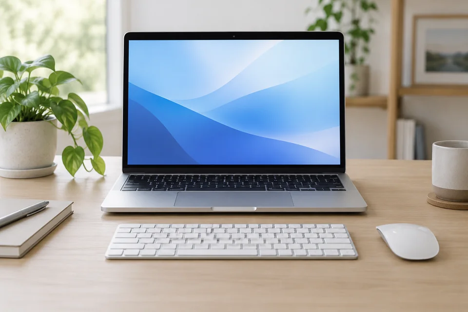 Illustration d’un ordinateur portable en aluminium avec clavier et souris sur un bureau
