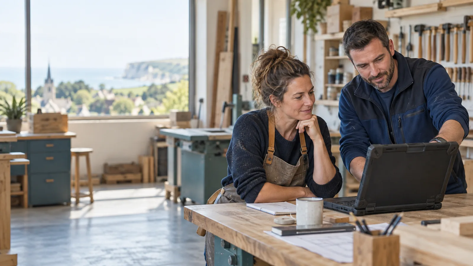 Artisane et technicien consultant un ordinateur renforcé dans un atelier lumineux