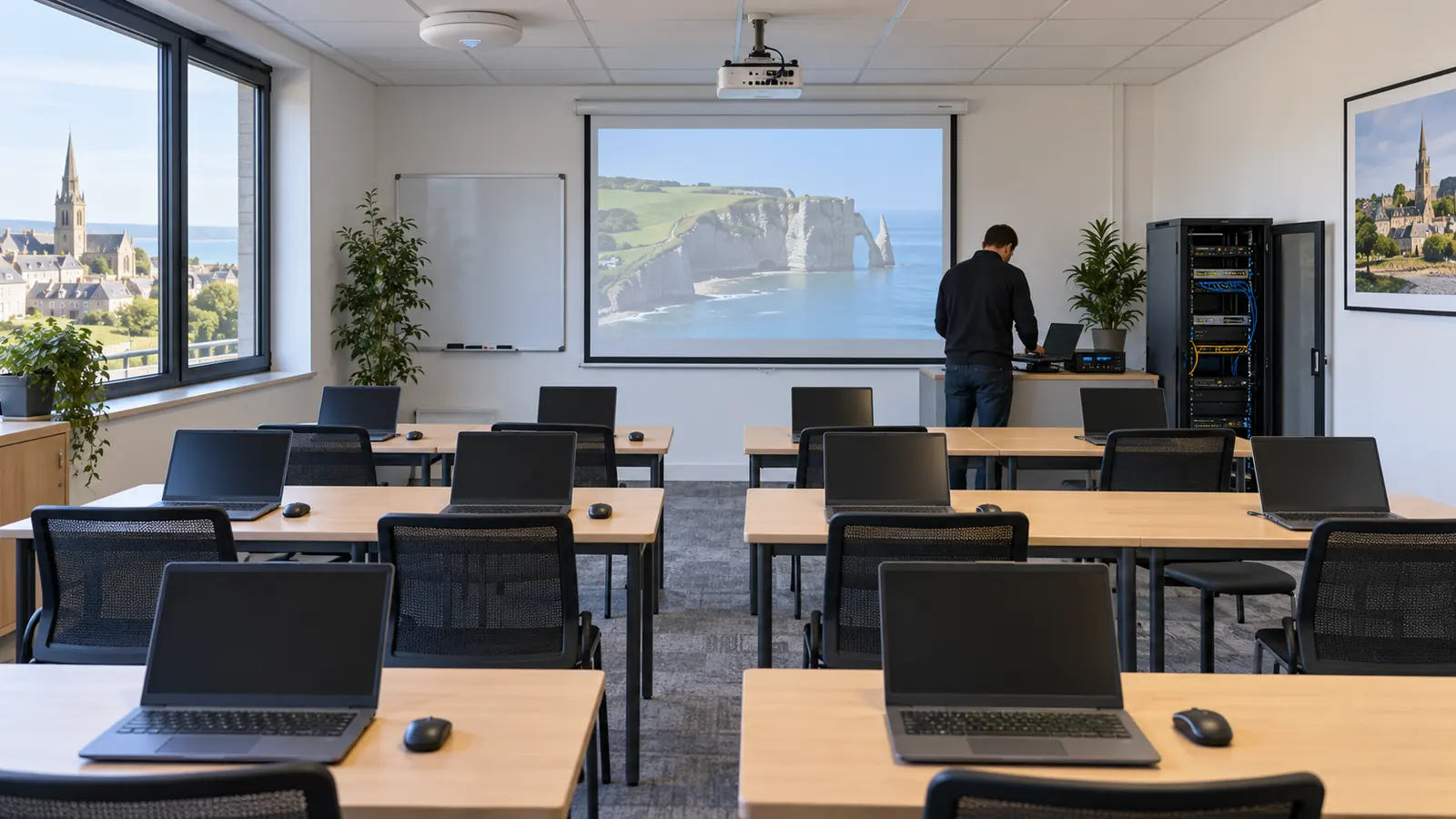 Salle de formation équipée d’ordinateurs, d’un projecteur et d’un réseau local
