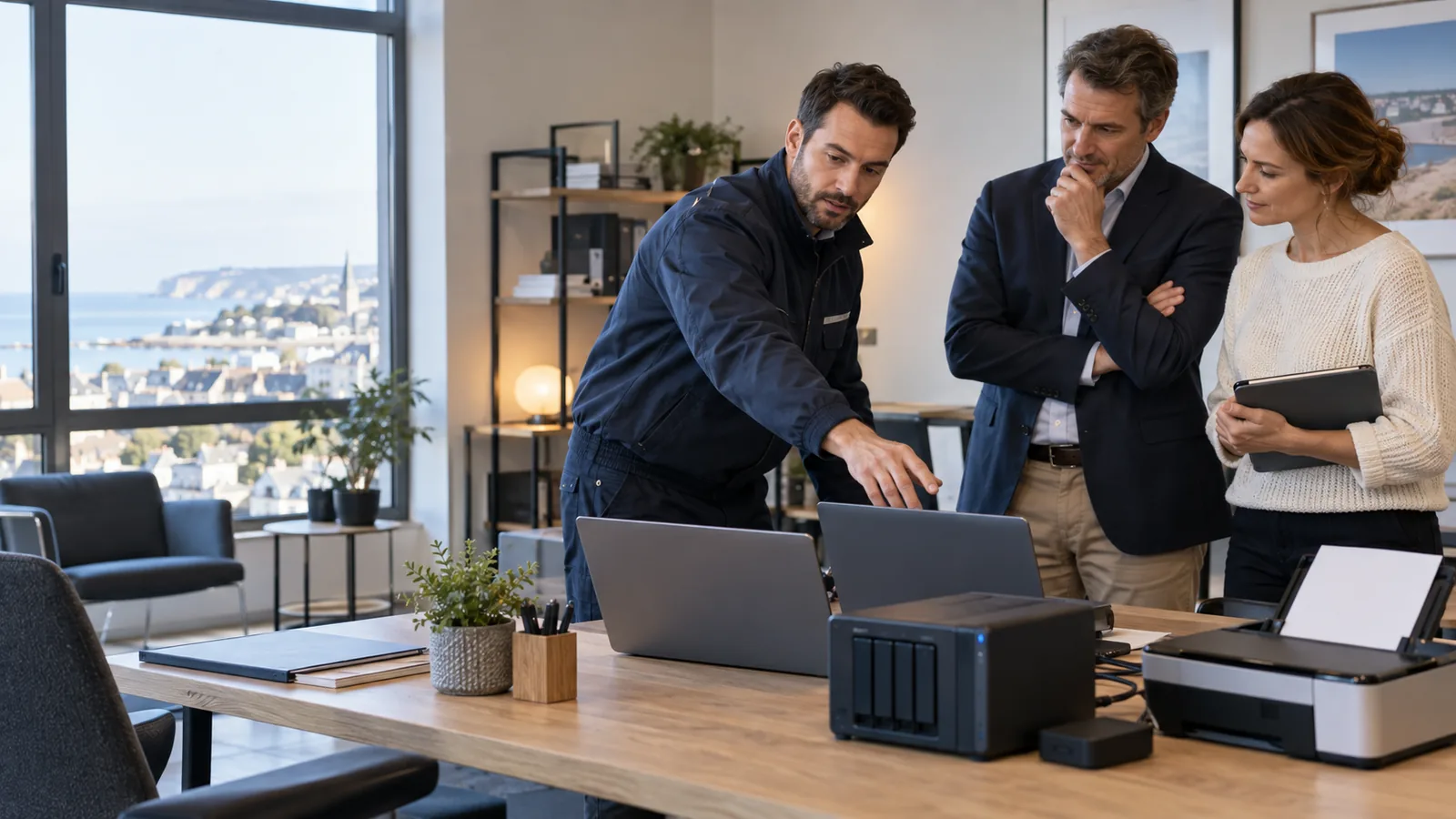Technicien accompagnant des professionnels autour de postes, scanner et sauvegarde réseau